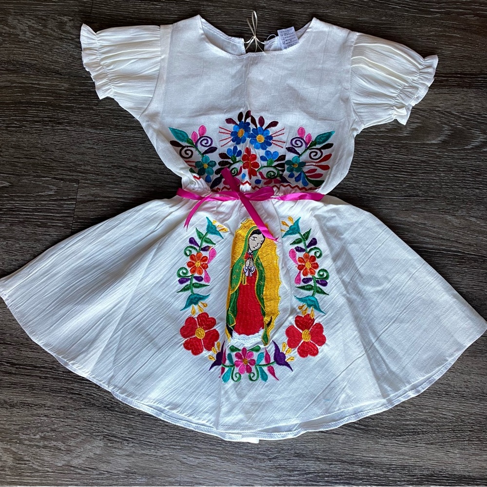 Virgin Mary Embroidery Girls Dress/ Vestido Mexicano Virgen de Guadalupe